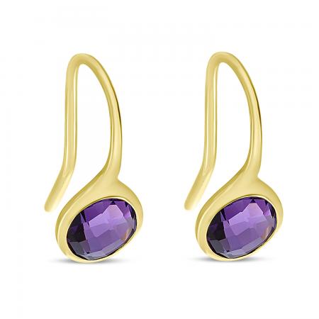 14K Yellow Gold Round Bezel Set Amethyst Semi Precious Wire Earrings