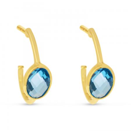 14K Yellow Gold Oval Blue Topaz Bezel Huggie Earrings
