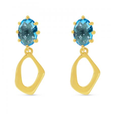 14K Yellow Gold Oval Blue Topaz Semi Precious Dangle Earrings
