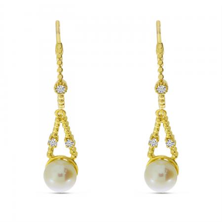 14K Yellow Gold Diamond and Pearl Drop Earrings
