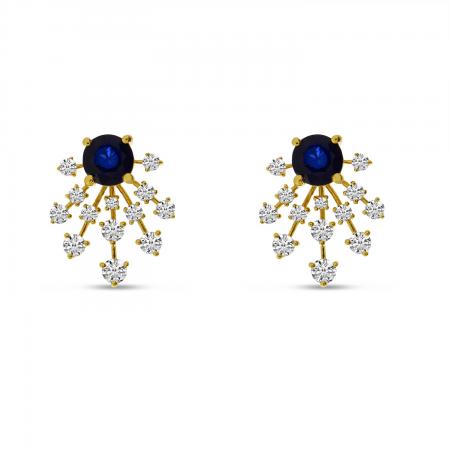14K Yellow Gold Sapphire and Diamond Burst Precious Stud Earrings
