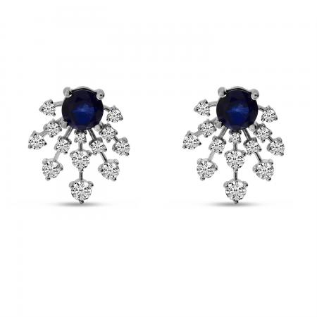 14K White Gold Sapphire and Diamond Burst Precious Stud Earrings