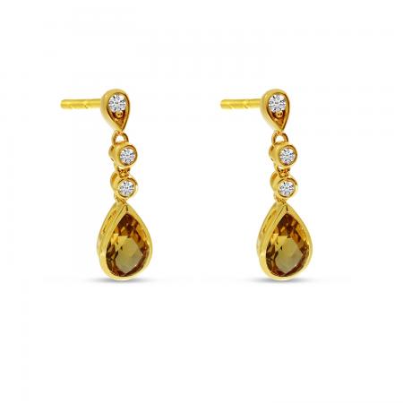 14K Yellow Gold Pear Citrine with Diamond Drop Earrings