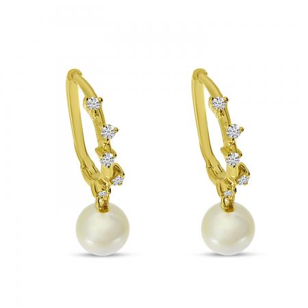 14K Yellow Gold Diamond Huggie with Pearl Dangle Earrings