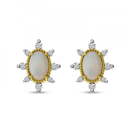 14K Yellow Gold Oval Opal with Diamond Halo Earrings