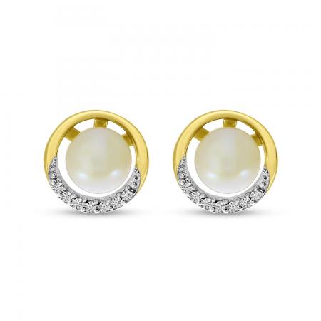 14K Yellow Gold Pearl with Diamond Circle Stud Earrings