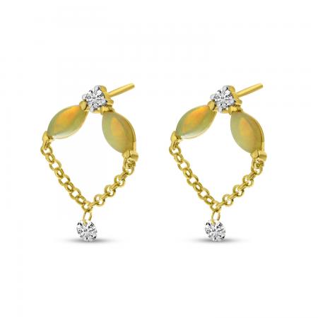 14K Yellow Gold Marquise Opal and Diamond Dashing Diamond Stud Earrings