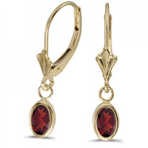 14k Yellow Gold Oval Garnet Bezel Lever-back Earrings