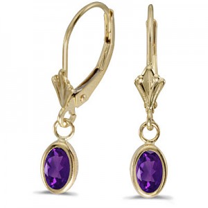 14k Yellow Gold Oval Amethyst Bezel Lever-back Earrings