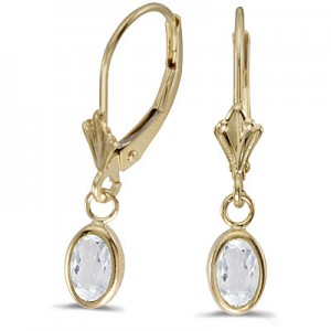 14k Yellow Gold Oval White Topaz Bezel Lever-back Earrings