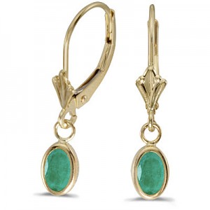 14k Yellow Gold Oval Emerald Bezel Lever-back Earrings