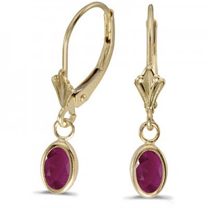 14k Yellow Gold Oval Ruby Bezel Lever-back Earrings