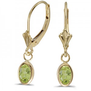 14k Yellow Gold Oval Peridot Bezel Lever-back Earrings