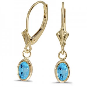 14k Yellow Gold Oval Blue Topaz Bezel Lever-back Earrings