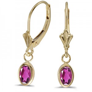 14k Yellow Gold Oval Pink Topaz Bezel Lever-back Earrings