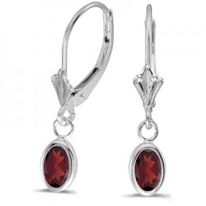 14k White Gold Oval Garnet Bezel Lever-back Earrings