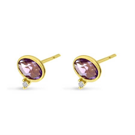 14K Yellow Gold Oval Amethyst and Diamond Bezel Stud Earrings