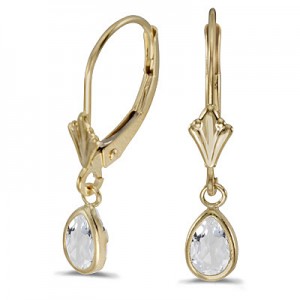 14k Yellow Gold Pear White Topaz Bezel Lever-back Earrings