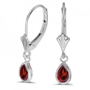 14k White Gold Pear Garnet Bezel Lever-back Earrings