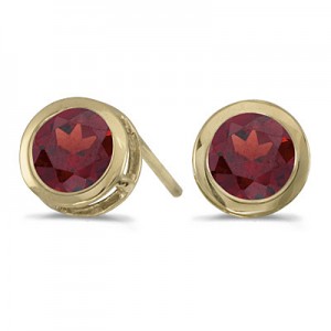 14k Yellow Gold Round Garnet Bezel Stud Earrings