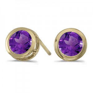 14k Yellow Gold Round Amethyst Bezel Stud Earrings