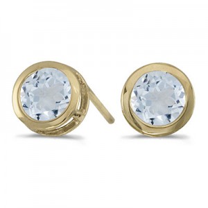 14k Yellow Gold Round Aquamarine Bezel Stud Earrings