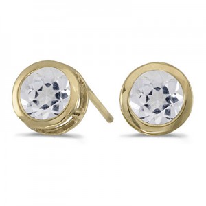 14k Yellow Gold Round White Topaz Bezel Stud Earrings