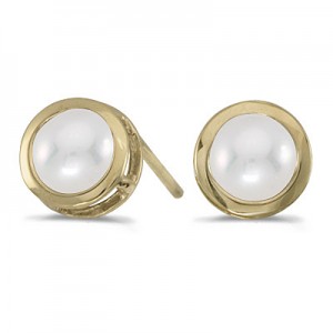 14k Yellow Gold Pearl Bezel Stud Earrings