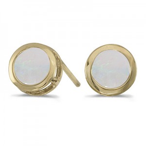 14k Yellow Gold Round Opal Bezel Stud Earrings