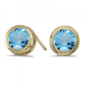 14k Yellow Gold Round Blue Topaz Bezel Stud Earrings