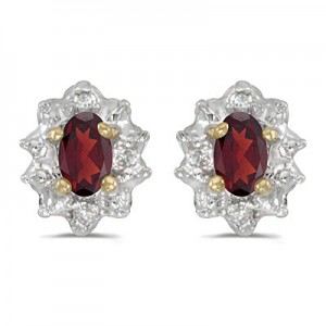 10k Yellow Gold Oval Garnet And Diamond Earrings