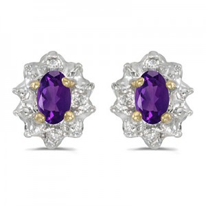 10k Yellow Gold Oval Amethyst And Diamond Earrings