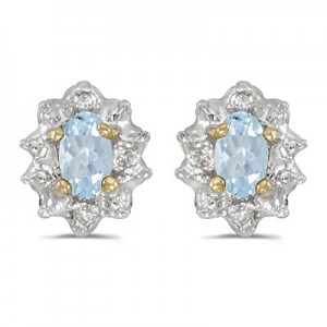 10k Yellow Gold Oval Aquamarine And Diamond Earrings