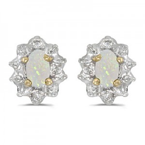 10k Yellow Gold Oval Opal And Diamond Earrings