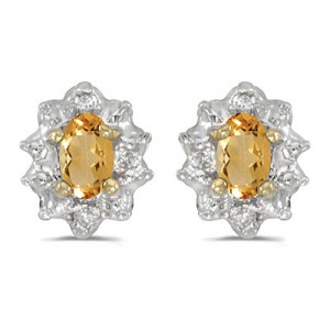 10k Yellow Gold Oval Citrine And Diamond Earrings