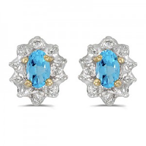 10k Yellow Gold Oval Blue Topaz And Diamond Earrings