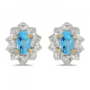 10k Yellow Gold Oval Blue Topaz And Diamond Earrings