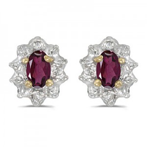 10k Yellow Gold Oval Rhodolite Garnet And Diamond Earrings