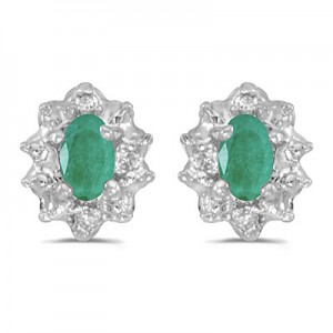 10k White Gold Oval Emerald And Diamond Earrings