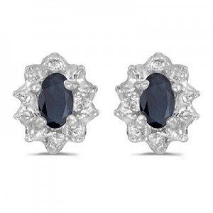 10k White Gold Oval Sapphire And Diamond Earrings
