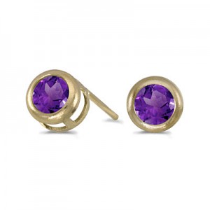 14k Yellow Gold Round Amethyst Bezel Stud Earrings