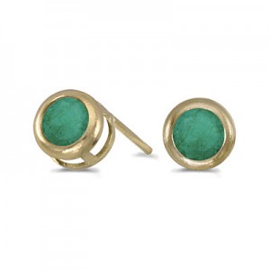 14k Yellow Gold Round Emerald Bezel Stud Earrings