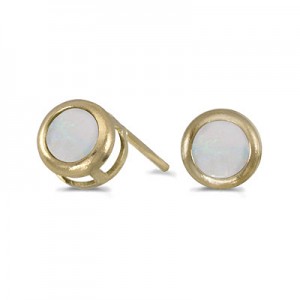 14k Yellow Gold Round Opal Bezel Stud Earrings