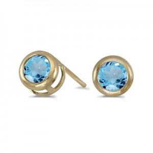 14k Yellow Gold Round Blue Topaz Bezel Stud Earrings