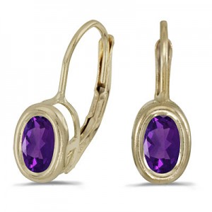 14K Yellow Gold Oval Amethyst Bezel Lever-back Earrings