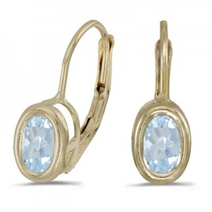 14K Yellow Gold Oval Aquamarine Bezel Lever-back Earrings