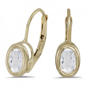14K Yellow Gold Oval White Topaz Bezel Lever-back Earrings