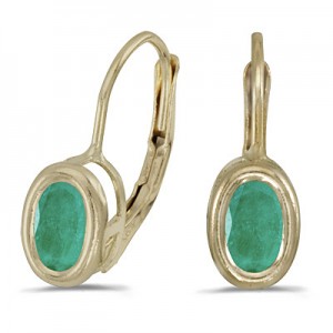 14K Yellow Gold Oval Emerald Bezel Lever-back Earrings