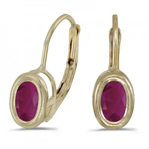 14K Yellow Gold Oval Ruby Bezel Lever-back Earrings