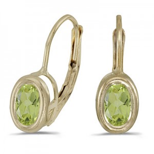 14K Yellow Gold Oval Peridot Bezel Lever-back Earrings